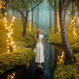 a woman in white standing near trees with fairy lights