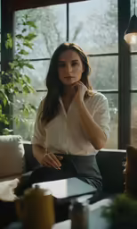 a woman is sitting on a couch looking away