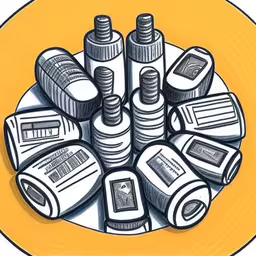 an image of many rolled up papers on top of each other,the illustration shows a bunch of tubes in front of some of them,a yellow plate has some sort of type of object in it,some inks of several different colors and sizes on a white plate,a drawing of several stacks of pills and small tubes in yellow on a plate