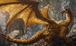 a close up of a yellow dragon attacking