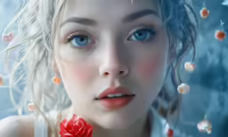a young woman holding a rose by the water