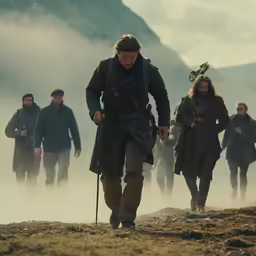 a group of people walking on top of a dry grass field