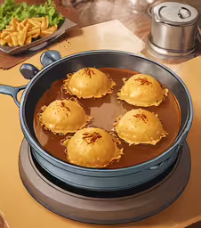 a pot with noodles inside and some other foods in the back ground,six ravioli are placed in an egg boiler with brown sauce