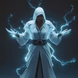 a character with a hooded coat, standing and gesturing