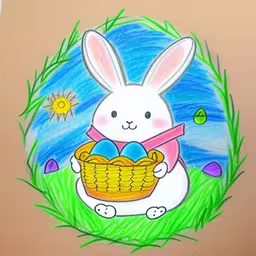 a drawing of a white rabbit sitting in grass with a basket of eggs,a drawing of a rabbit holding a basket of eggs