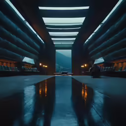 a large open lobby with rows of chairs