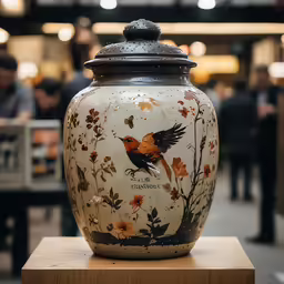 a decorative vase on a counter in an art store