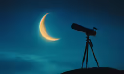 a telescope sits on top of a hill watching the moon