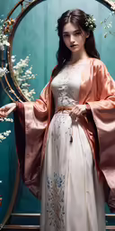 a woman in a white and peach gown poses with her hands out