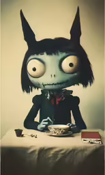 a creepy doll sitting next to a bowl and cup
