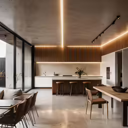 a dining room with a long table and chairs