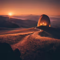a person sitting on a hill and looking at the sunset