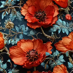 an assortment of red flowers arranged on a blue background