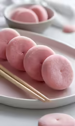 three pink donuts and three chopsticks sit on a white plate