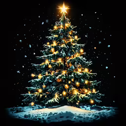 a lit up tree on snow covered ground with lights and stars in the night