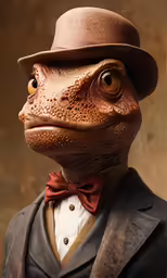 a lizard in a suit and hat is posing for the camera