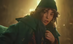 woman in a green cloak posing with a coat over her head