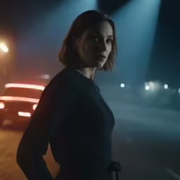 a girl is standing outside in the dark