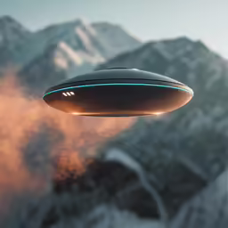 a flying object over a mountain and cloud filled sky