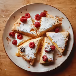 there is cake topped with raspberries on the plate