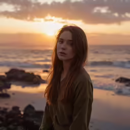 a girl standing on rocks and ocean beach looking at camera