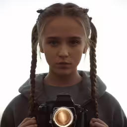 girl in grey hoodie holding a camera