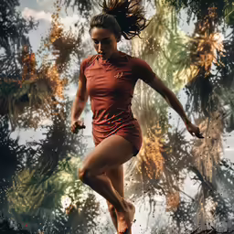 a digital photo of a woman running through the woods