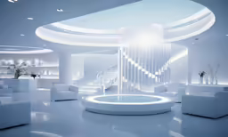 a living room filled with white furniture and a circular water feature
