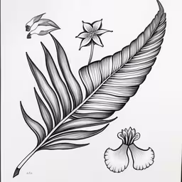 a drawing of a single leaf and a flower,an ink drawing of some leaves and flowers