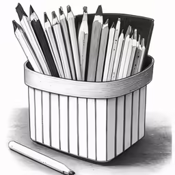 pencils sit in a cup with an eraser and pen on the table