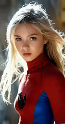 the girl in the red spider suit poses for a photo