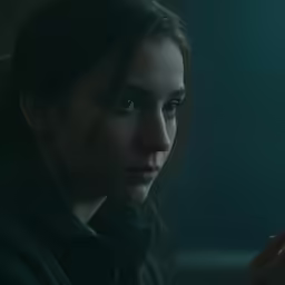 a young woman is holding a phone in her hand