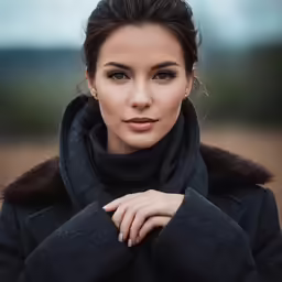 a woman wearing a gray coat with fur on the neck and hood on