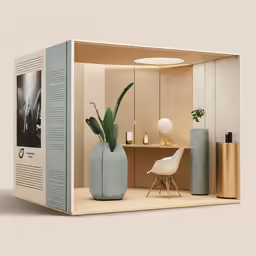 the large display has modern vases and plants