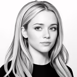 a woman with long blonde hair, wearing black and white