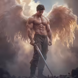 man with huge wings and sword standing on a rocky terrain
