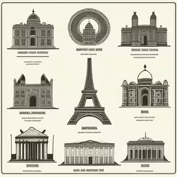 an old postcard shows some architecture and landmarks,the architectural styles of france, including the eiffel tower