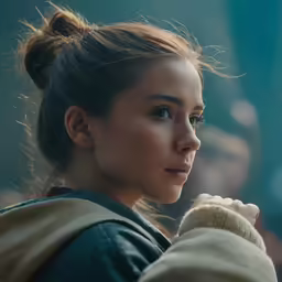 a woman with her hair in a ponytail