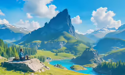 an artist is sitting on a cliff looking at the valley