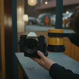 a person holding an old fashioned camera near a window