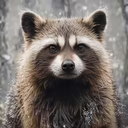 a baby racoon in the snow looks off to the right