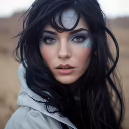 woman in grey coat with black long hair looking off to the side