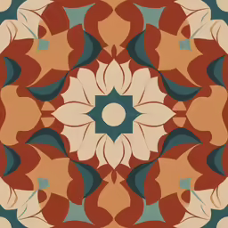 abstract painting of large petals on tan, orange and blue