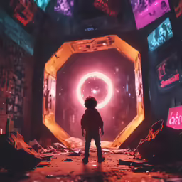 a child standing in the middle of a large tunnel