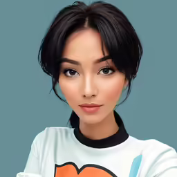 the asian girl with a short black haircut and brown eyes is wearing a t - shirt with an orange flower