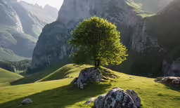 a tree sitting on top of a green hillside near some rocks