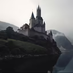 a castle with several towers is shown on a cliff near the water