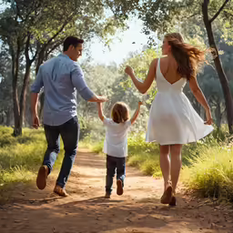 a mother and father running across a dirt path while holding hands