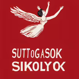 a red sign with a small angel on it