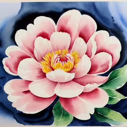 a pink flower is painted on a blue background,a painting of a large flower in watercolor
